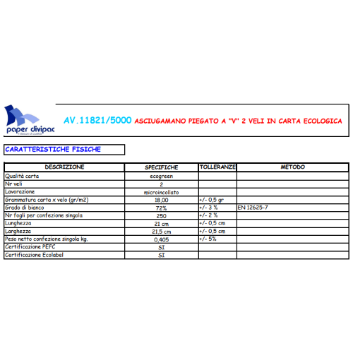 ASCIUGAMANI PIEGATI A V ECO 2 Veli incollati in carta ecologica  Confezioni 5000  SALVIETTE Formato cm 21,5 x 21  