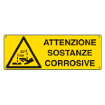 CARTELLO PERICOLO ATTENZIONE SOSTANZE CORROSIVE EN ISO 7010 E1720K 350x125 Alluminio piano spessore 0,5 mm