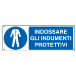 CARTELLO OBBLIGO INDOSSARE INDUMENTI PROTETTIVI EN ISO 7010 E1911K 350x125 Alluminio piano spessore 0,5 mm