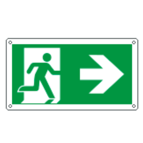 CARTELLO USCITA DI EMERGENZA FRECCIA A DESTRA  EN ISO 7010 480x250 Alluminio piano spess.0,5 mm