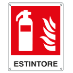 CARTELLO ANTINCENDIO ESTINTORE SIMBOLO + TESTO  EN ISO 7010 250x310 m Alluminio piano spess.0,5 mm