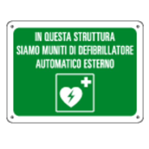 Cartello IN QUESTA STRUTTURA SIAMO MUNITI DI DEFIBRILLATORE 200x150 alluminio spessore 5/10