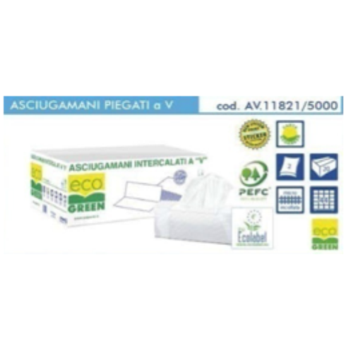 ASCIUGAMANI PIEGATI A V ECO 2 Veli incollati in carta ecologica  Confezioni 5000  SALVIETTE Formato cm 21,5 x 21  
