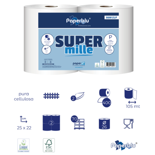 BOBINA SUPER 1.000 Paperblu BI8M125/P KIT 2 BOBINE PURA CELLULOSA